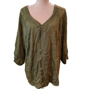 Truself 2x Olive Green Crochet Lace Crinkle V-Neck Tunic 3/4 Sleeve Boho Blouse